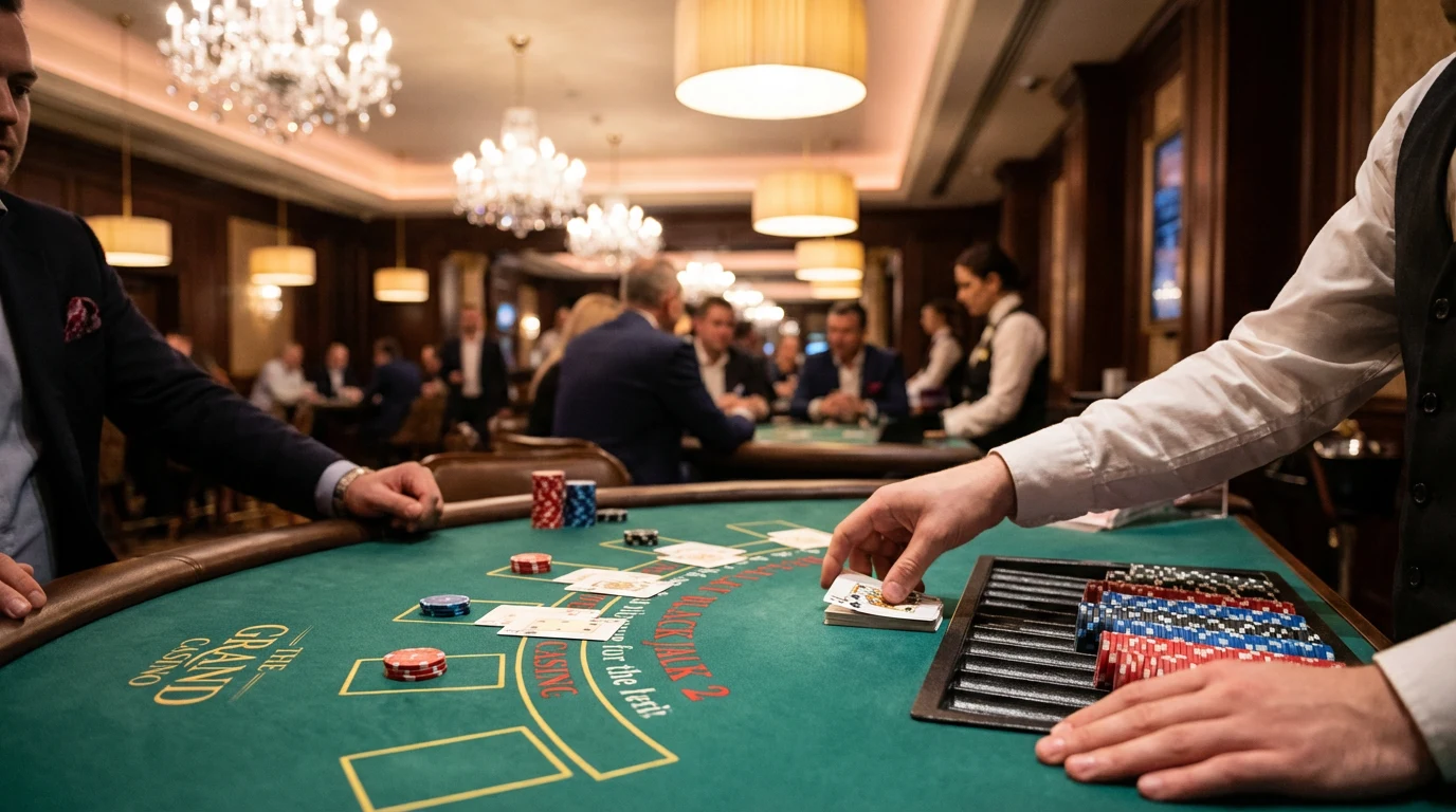 Mesa de Blackjack profesional con cartas y fichas