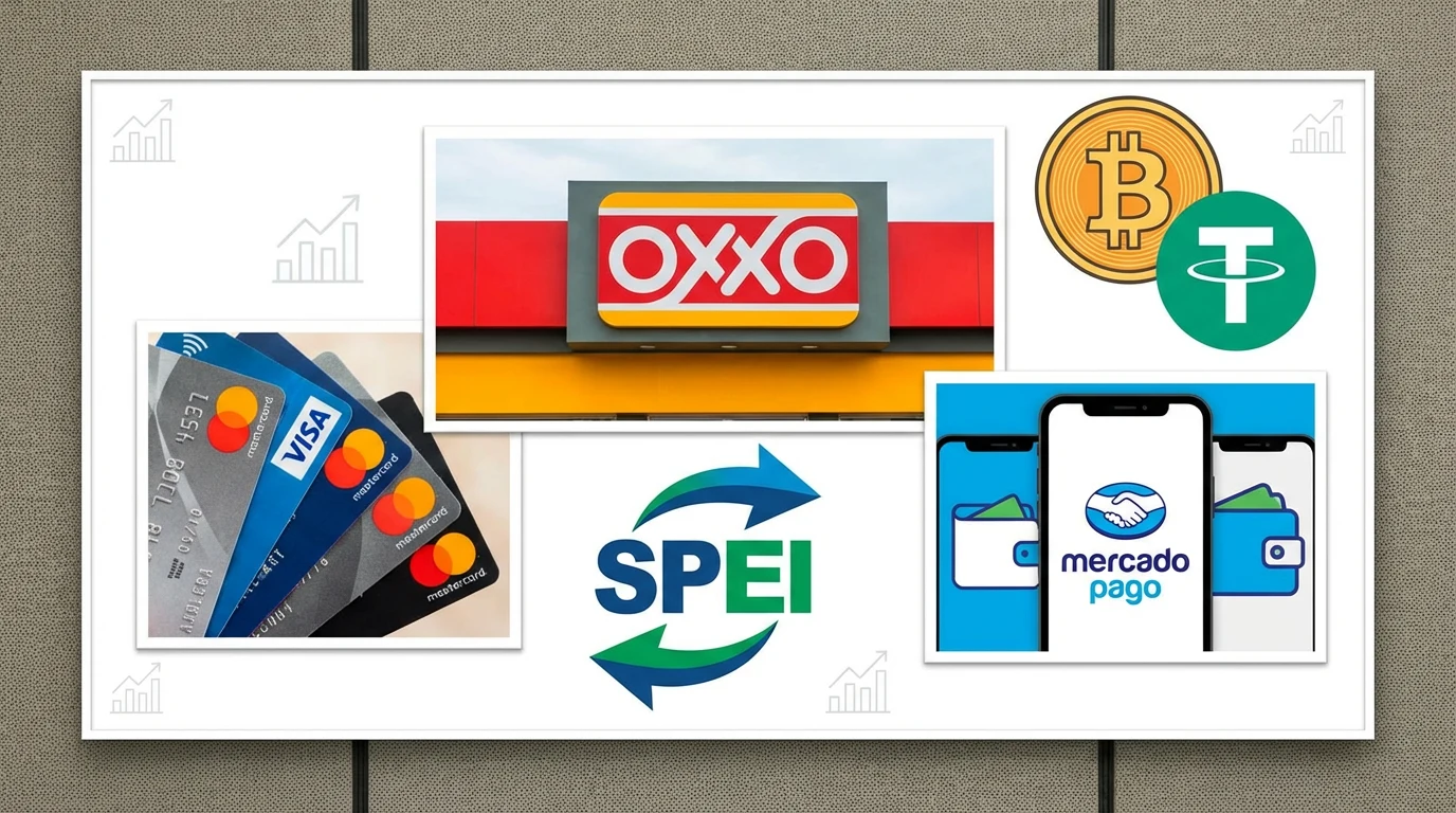Collage de métodos de pago populares en México como OXXO y SPEI